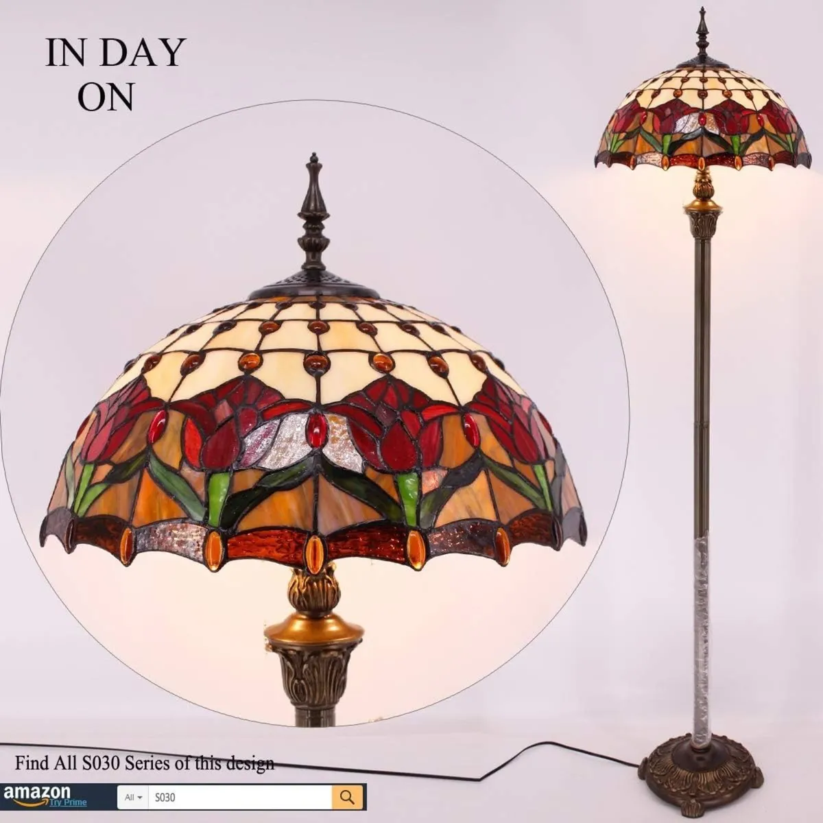 Tiffany Floor Lamp Red Amber Tulip Flower Stained - Image 4