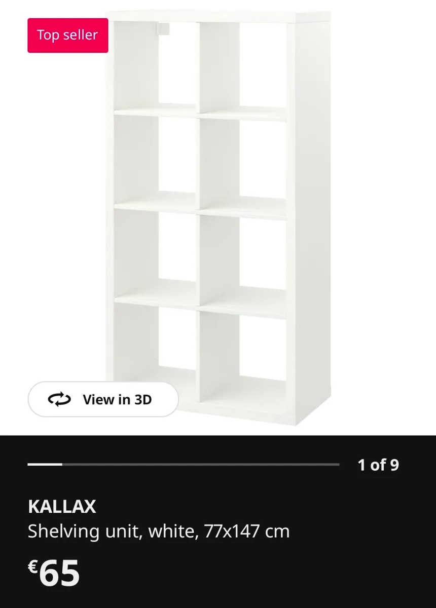 IKEA KALLAX shelving unit in white (77x147cm).
2×4 - Image 1