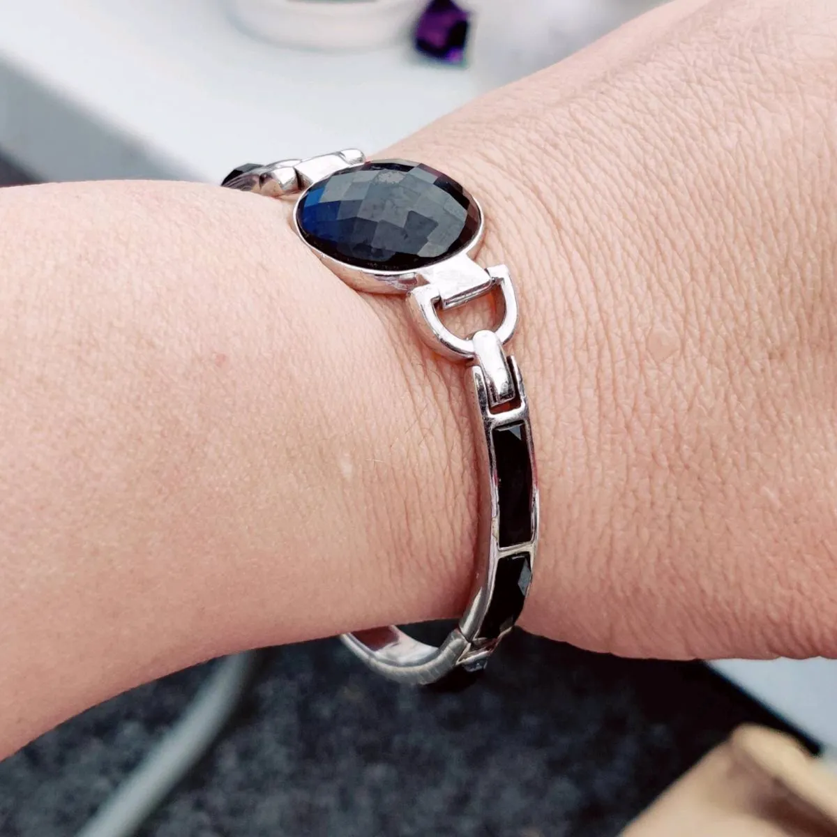 ROUND CHUNKY ONYX, 925 Silver 8"Heavy New Bracelet - Image 1