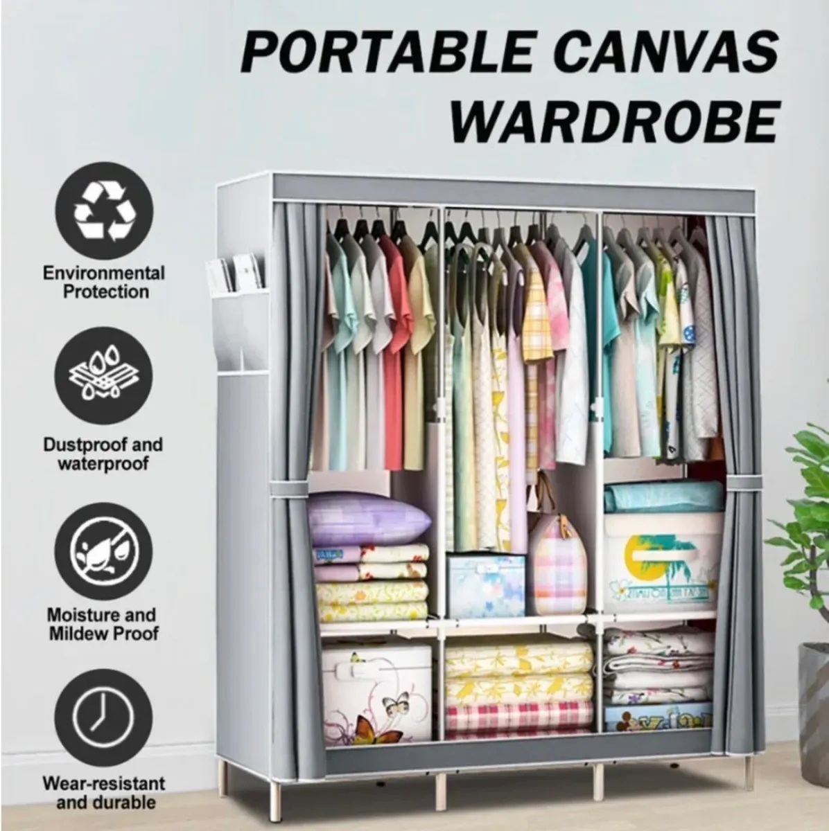 Portable Canvas Wardrobe Clothes Rail NEW - Image 1