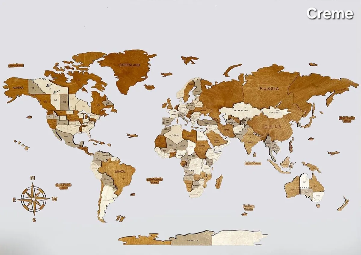 3D Classic Wooden World Map with Country Borders - Image 1