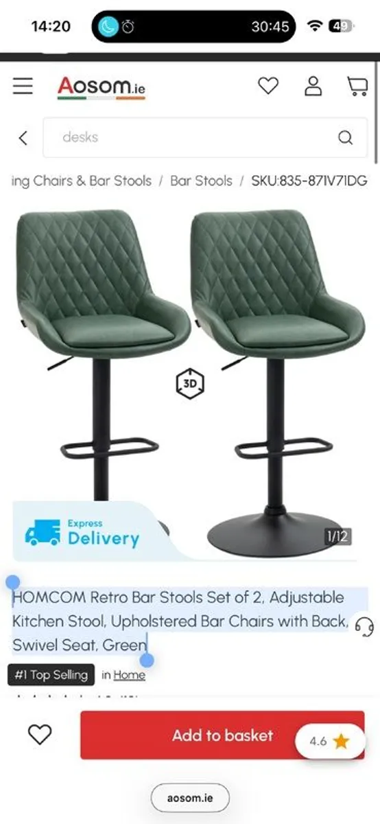 HOMCOM Retro Bar Stools Set of 2, Adjustable Kitchen Stool, Upholstered Bar Chairs with Back, Swivel Seat, Green - Image 1