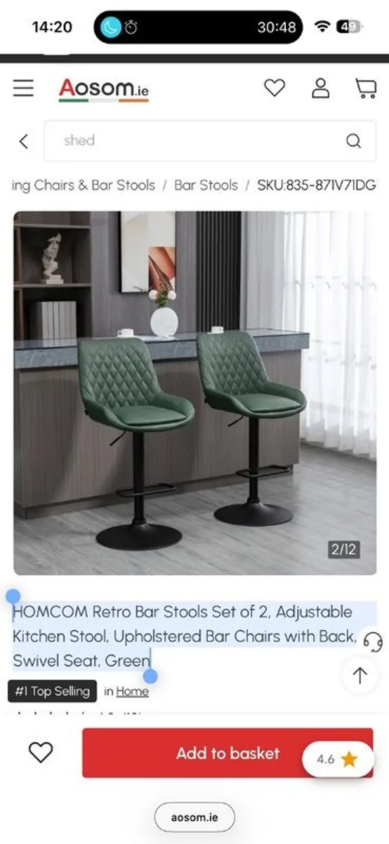 HOMCOM Retro Bar Stools Set of 2, Adjustable Kitchen Stool, Upholstered Bar Chairs with Back, Swivel Seat, Green - Image 2