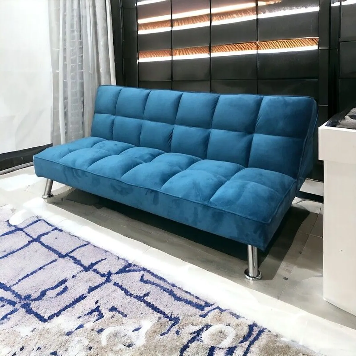 Comfy Blue Velvet Sofa Folds Out Handy, Perfect for Any Home! - Image 1