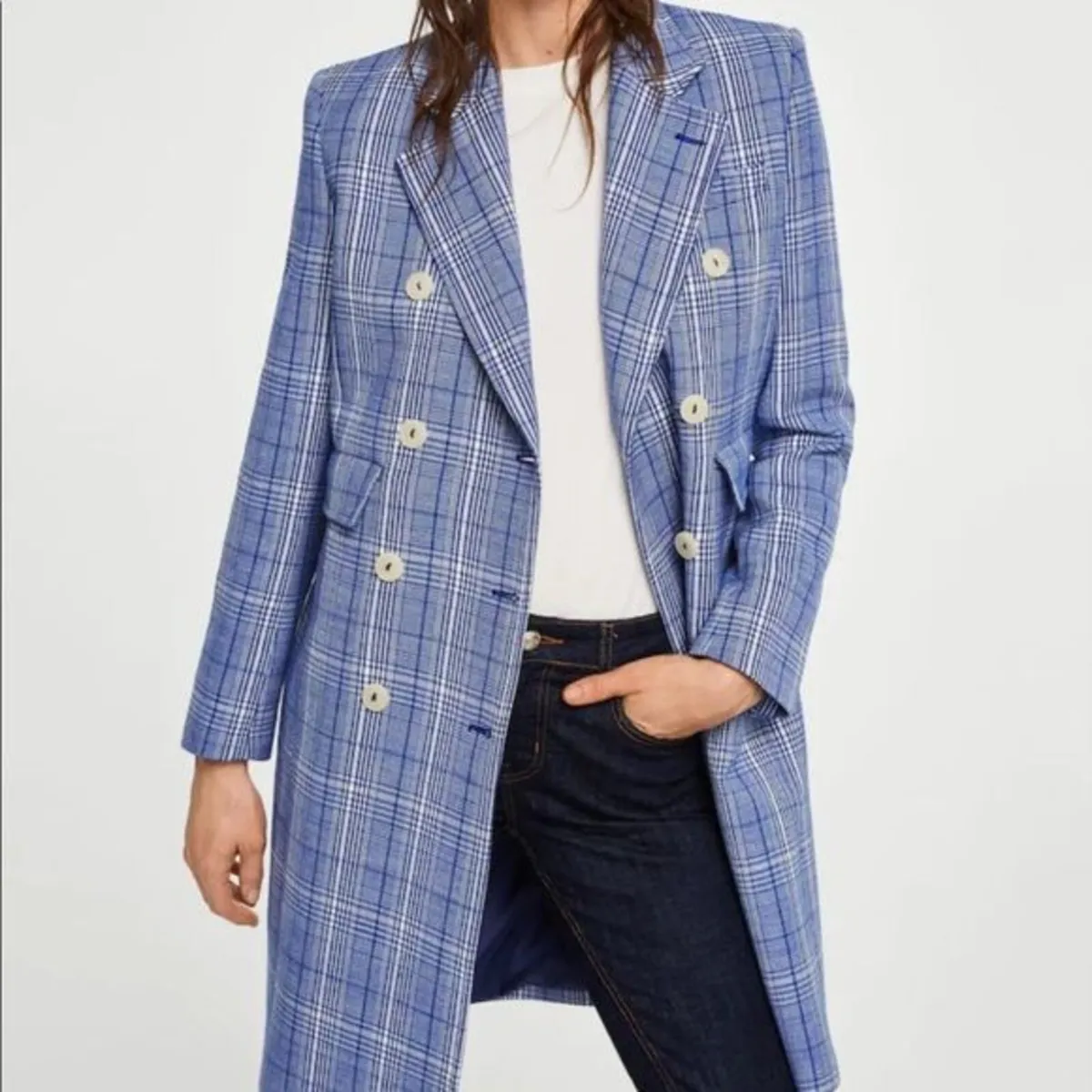 Mango Blue White Checked Plaid Blazer Coat S - Image 2