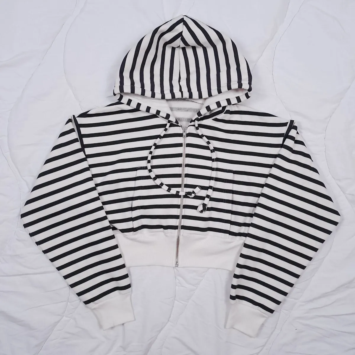 Zara White Black Striped Cropped Zip-Up Hoodie L - Image 3