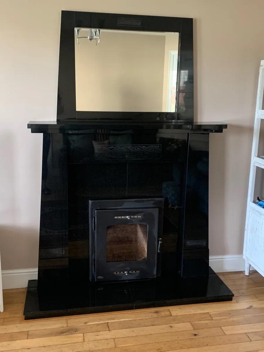 Black Granite Fireplace with Inset Stove & Mirror - Image 1
