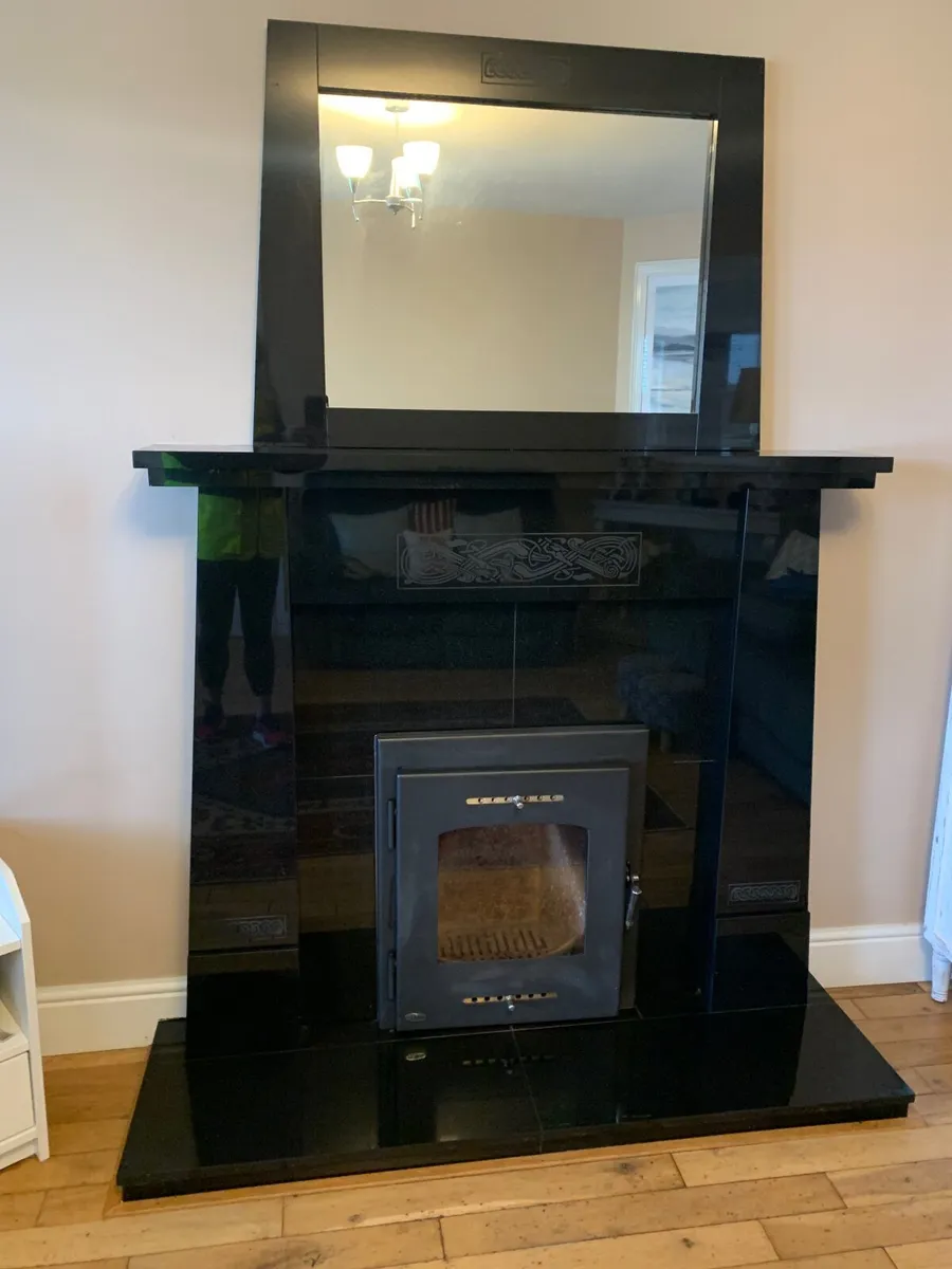 Black Granite Fireplace with Inset Stove & Mirror - Image 2