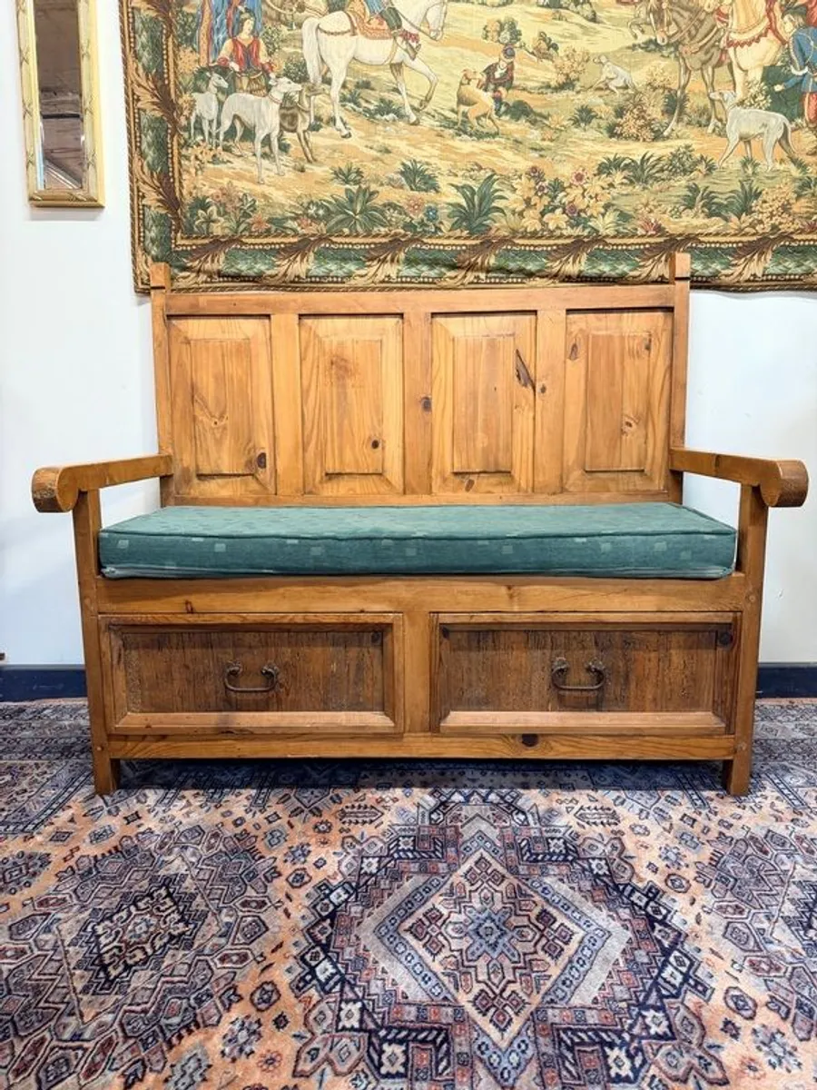 Vintage Mexican Pine High Back Bench with Storage - Image 1