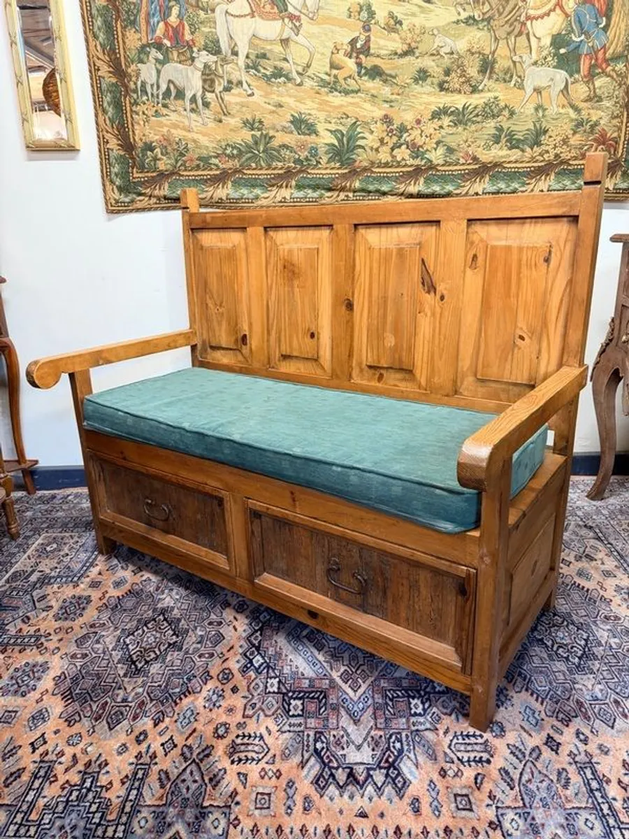 Vintage Mexican Pine High Back Bench with Storage - Image 2