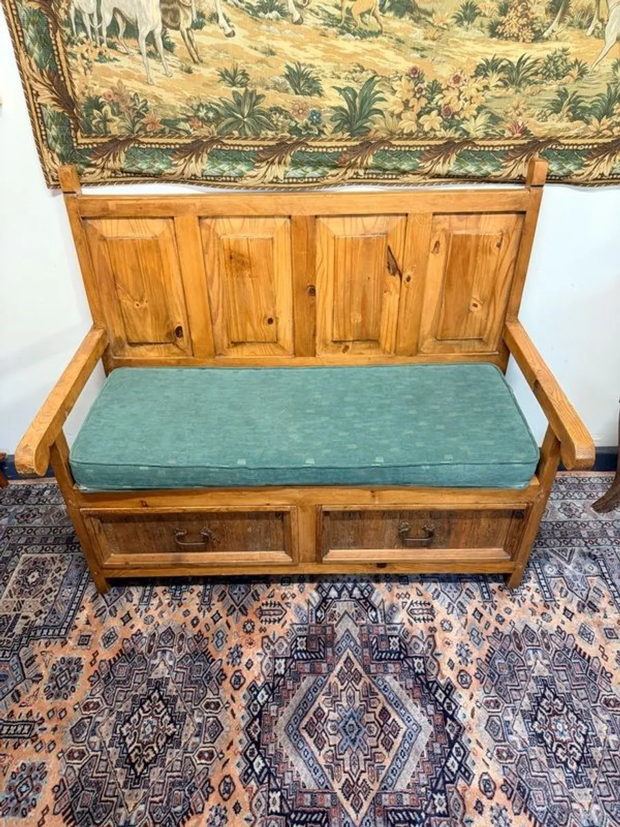 Vintage Mexican Pine High Back Bench with Storage - Image 3
