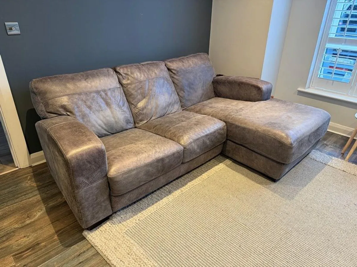 Navy 3 seater leather couch and single armchair - Image 1