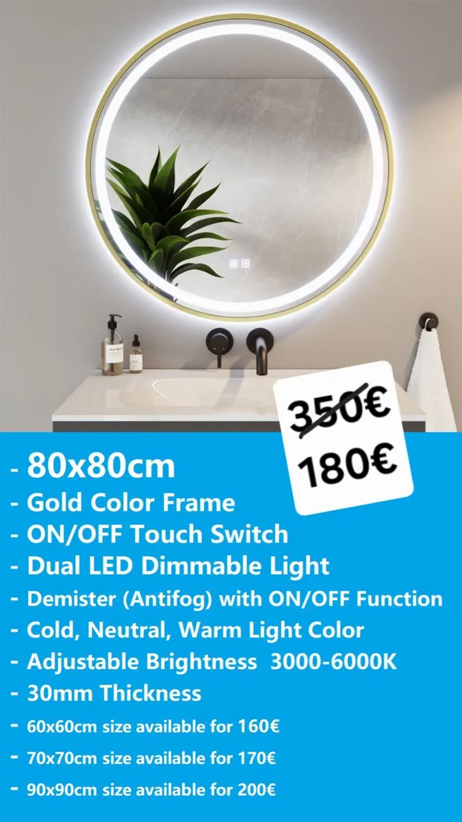 LED Bathroom Mirror Gold Frame 80cm - Image 1