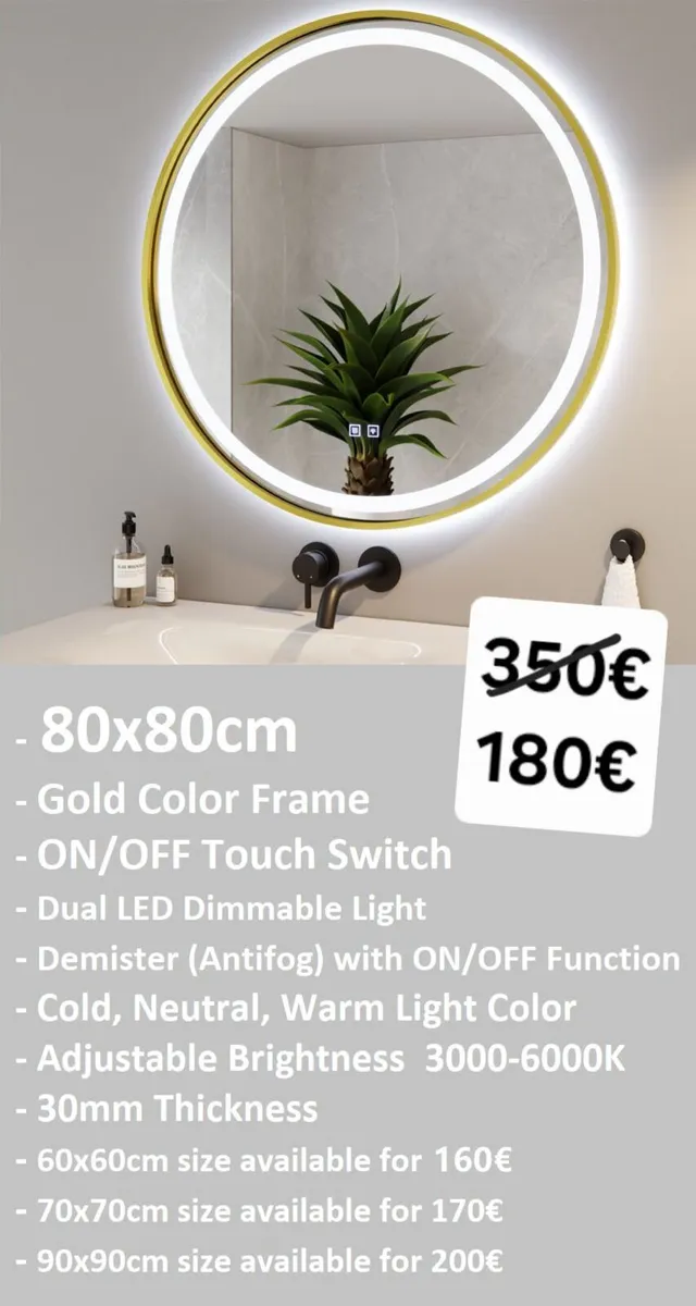 LED Bathroom Mirror Antifog Demister Gold - Image 1