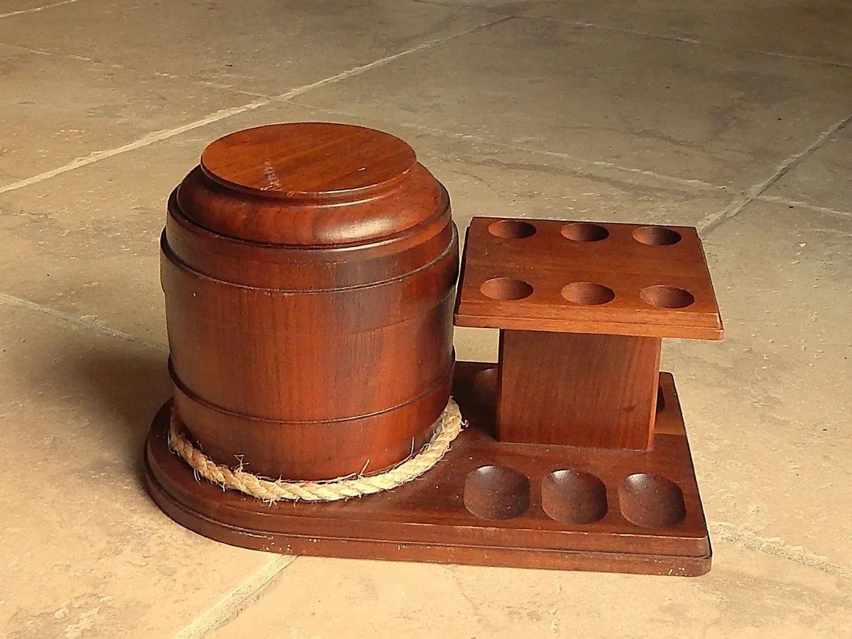 Vintage Walnut Pipe Rack & Humidor Tobacco Jar - Image 1