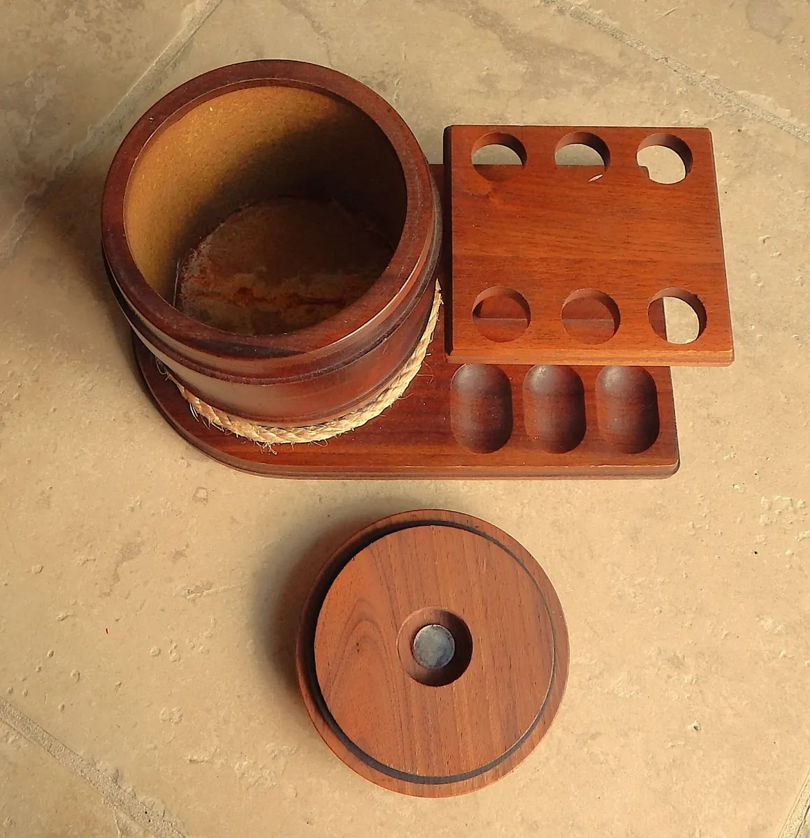 Vintage Walnut Pipe Rack & Humidor Tobacco Jar - Image 3