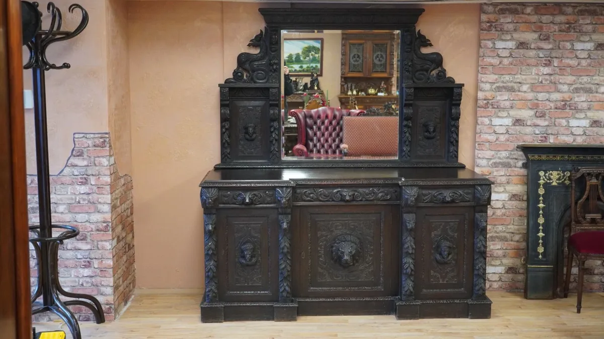 Lioncrest Carved Solid Oak Mirror-Back Sideboard - Image 1