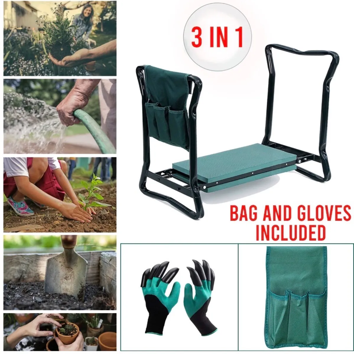Garden Kneeler Folding Stool Tool Bag & Gloves NEW - Image 2