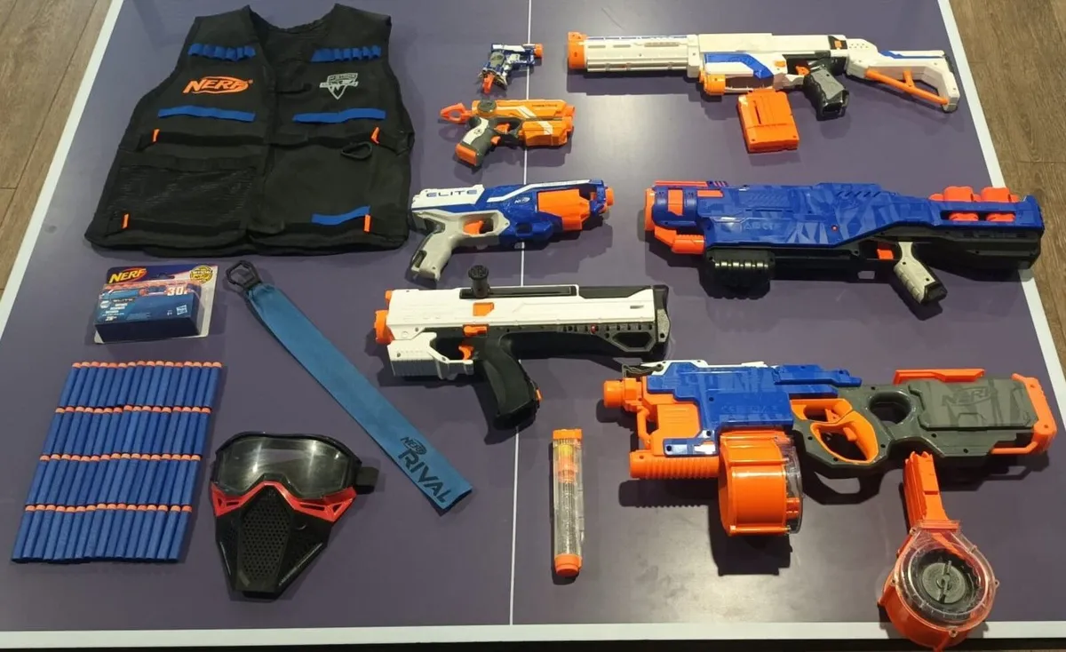 Selection of Nerf Guns, Darts, Face Shield & Vest - Image 1