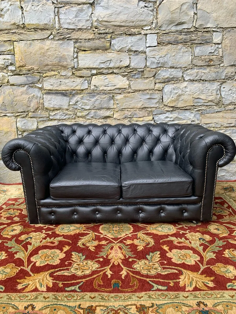 Black leather Chesterfield 2 seater sofa. - Image 2