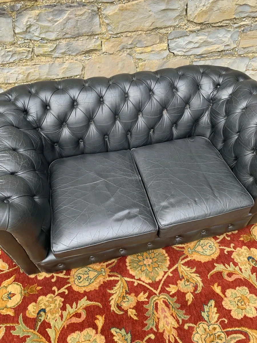Black leather Chesterfield 2 seater sofa. - Image 4
