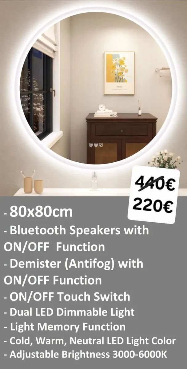 LED Bathroom Mirror 80cm Demister Speakers - Image 1