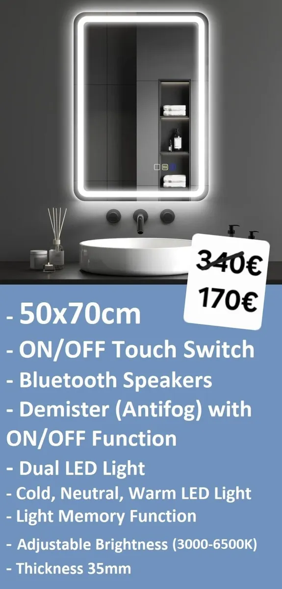 LED Bathroom Mirror 50x70cm Speakers Antifog - Image 1