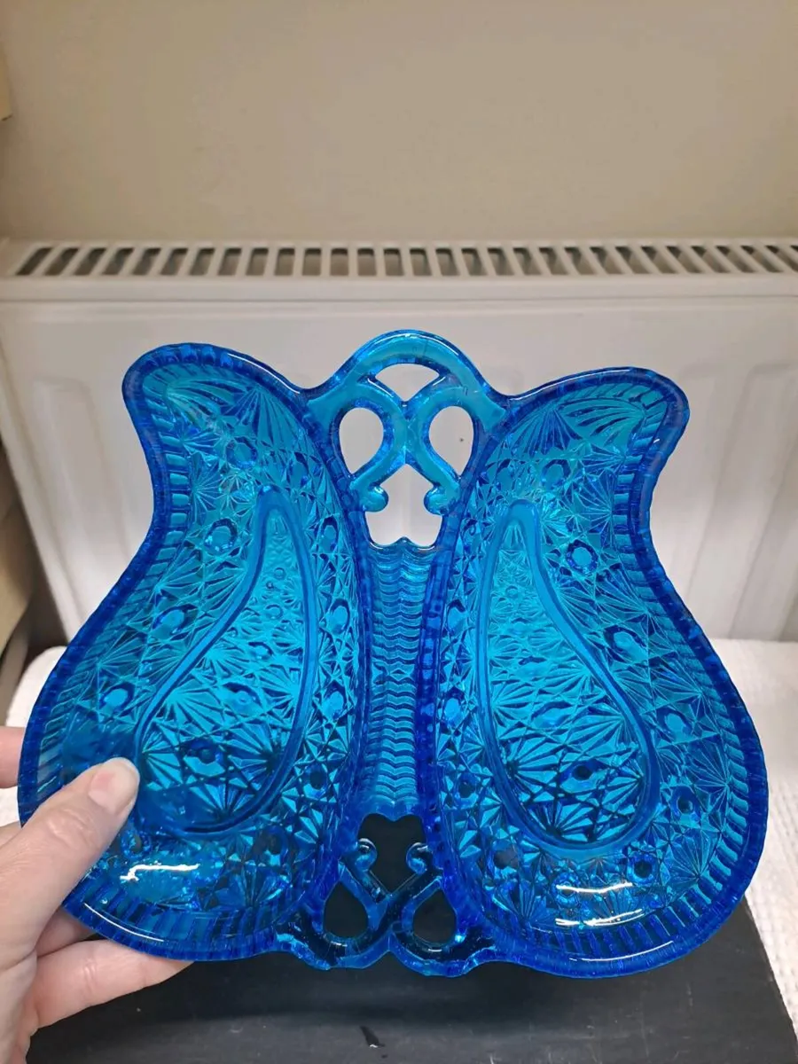 Vintage Turquoise Pressed Glass Twin Serving Dish - Image 2
