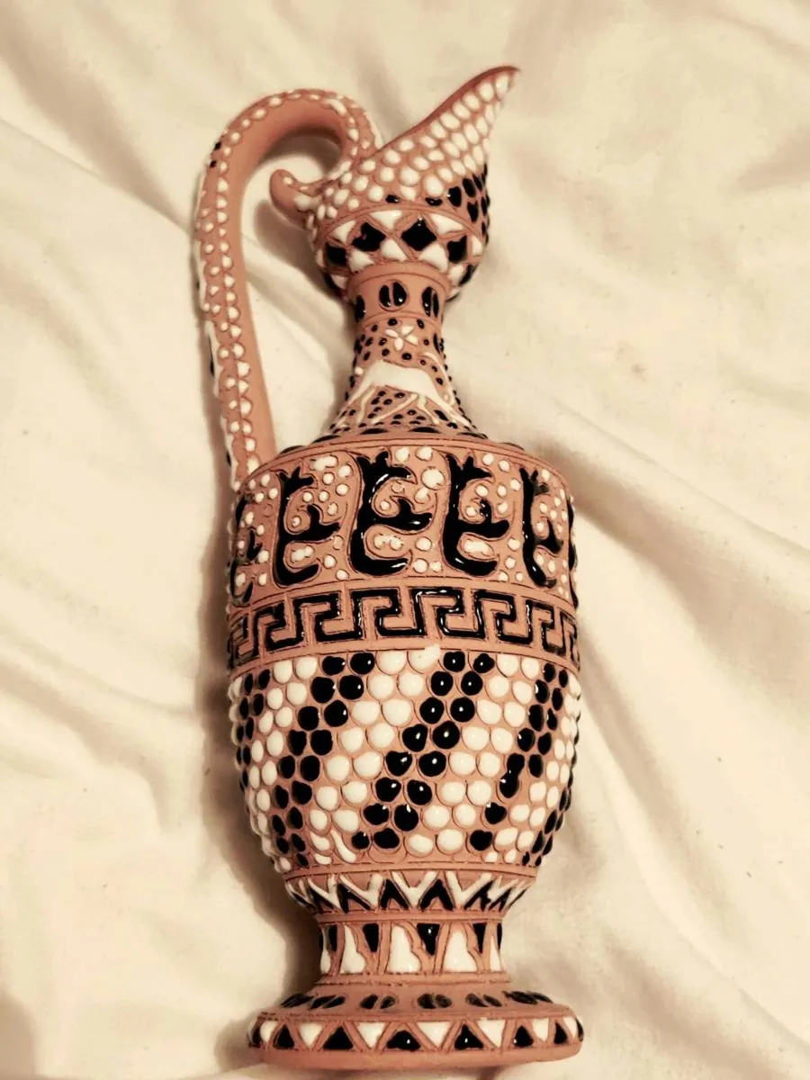 GREEK CLAY ART,14"Tall Hand Painted SIGNED Oil Jug - Image 1