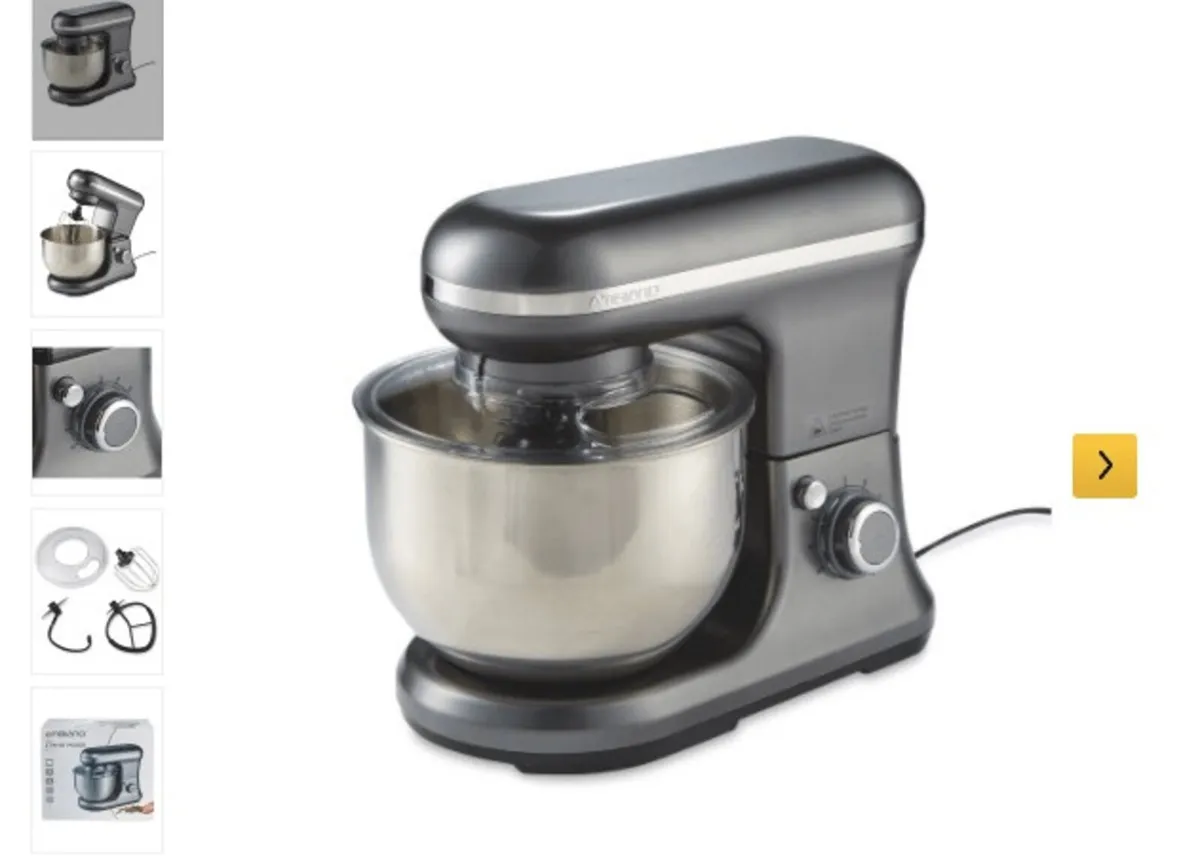 Grey stand mixer with 3 detachments