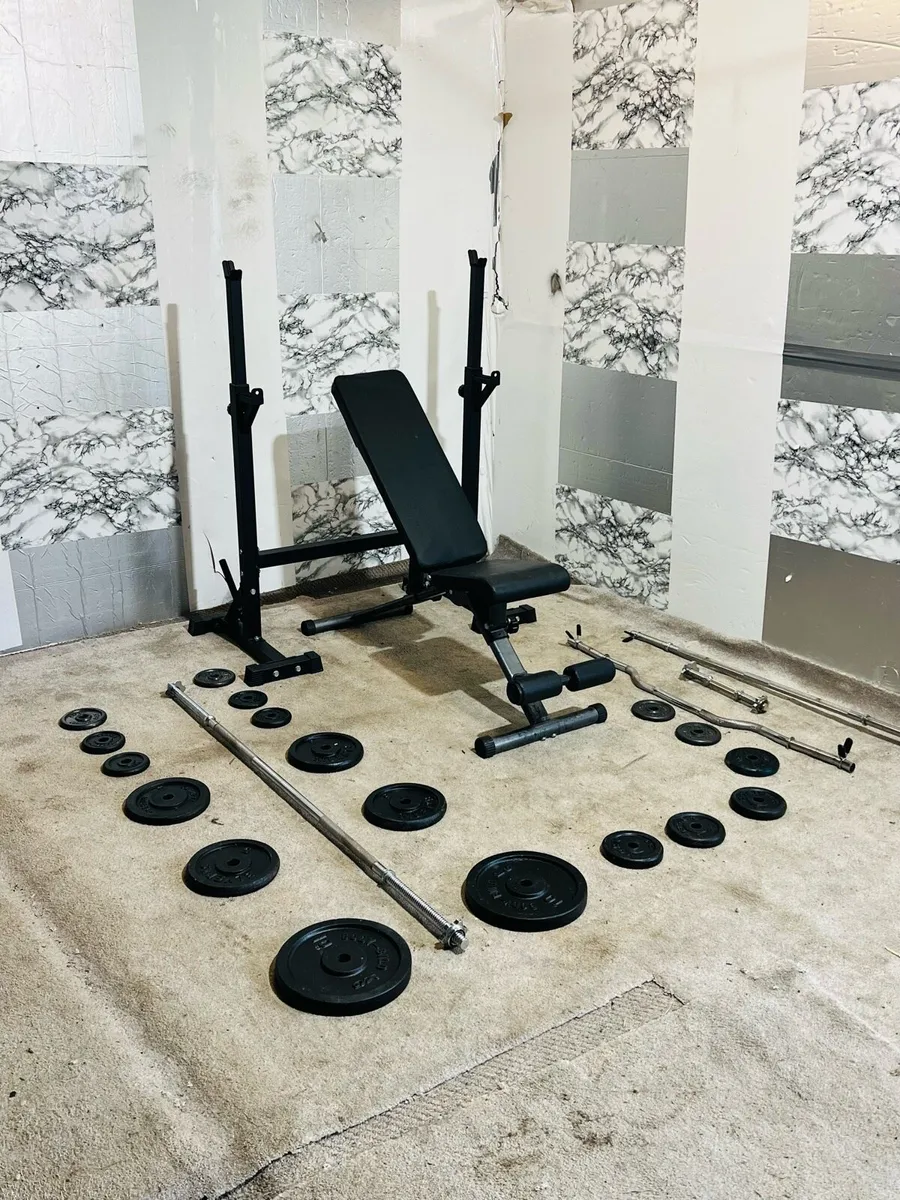 CAST IRON WEIGHTS RACK BENCH BARBELLS - Image 1