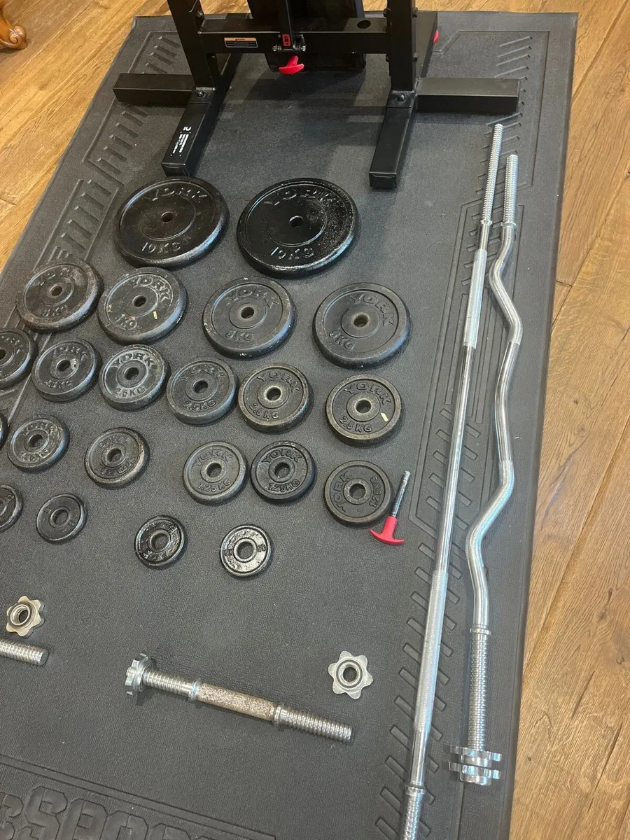 Bench two barbells dumbbells and weights - Image 2