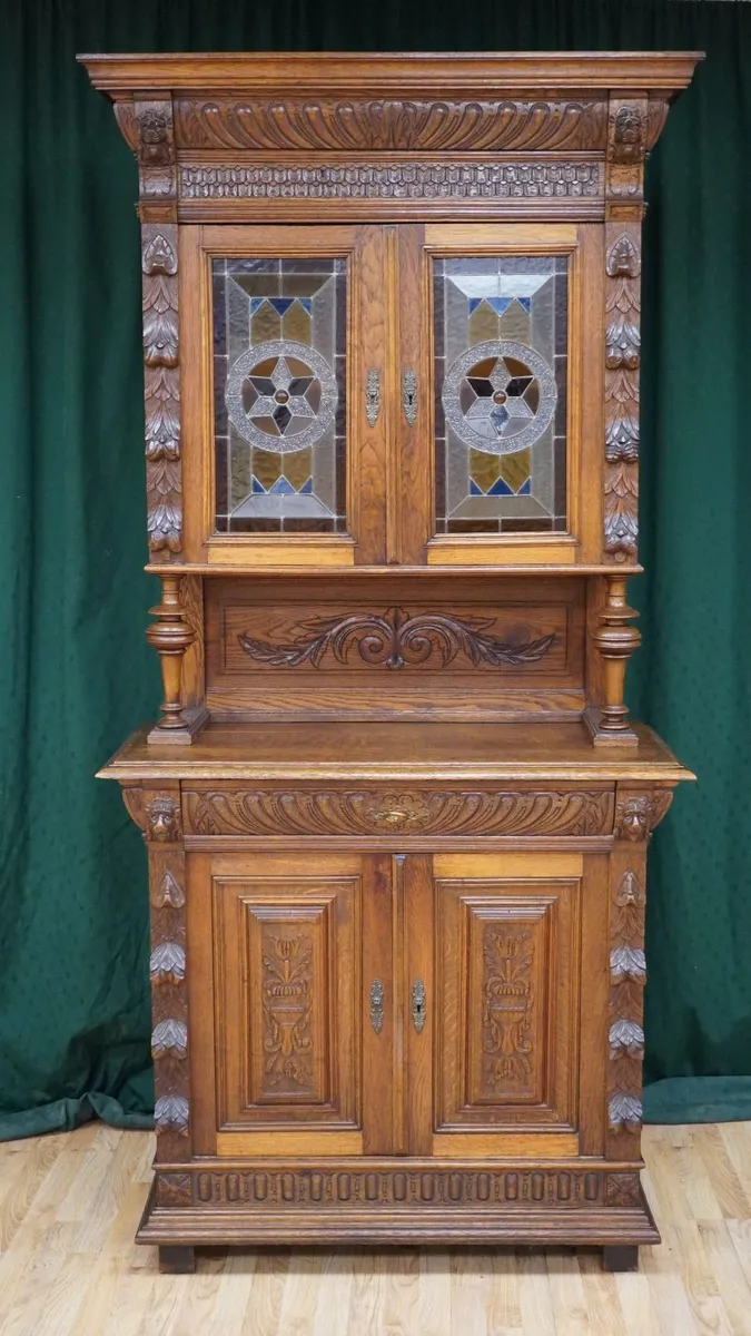 Antique Carved Oak Buffet Cabinet with Leaded Glas - Image 1