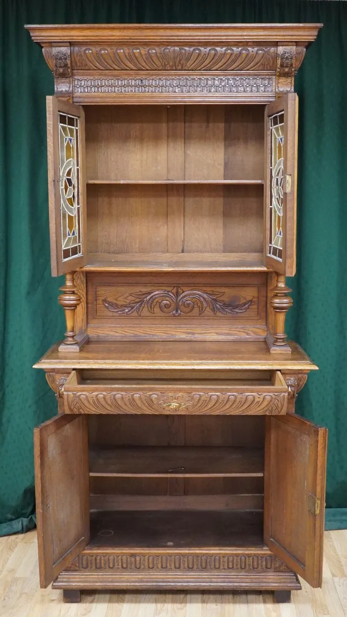 Antique Carved Oak Buffet Cabinet with Leaded Glas - Image 3