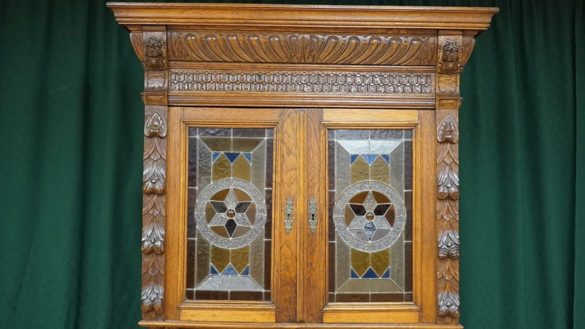Antique Carved Oak Buffet Cabinet with Leaded Glas - Image 4