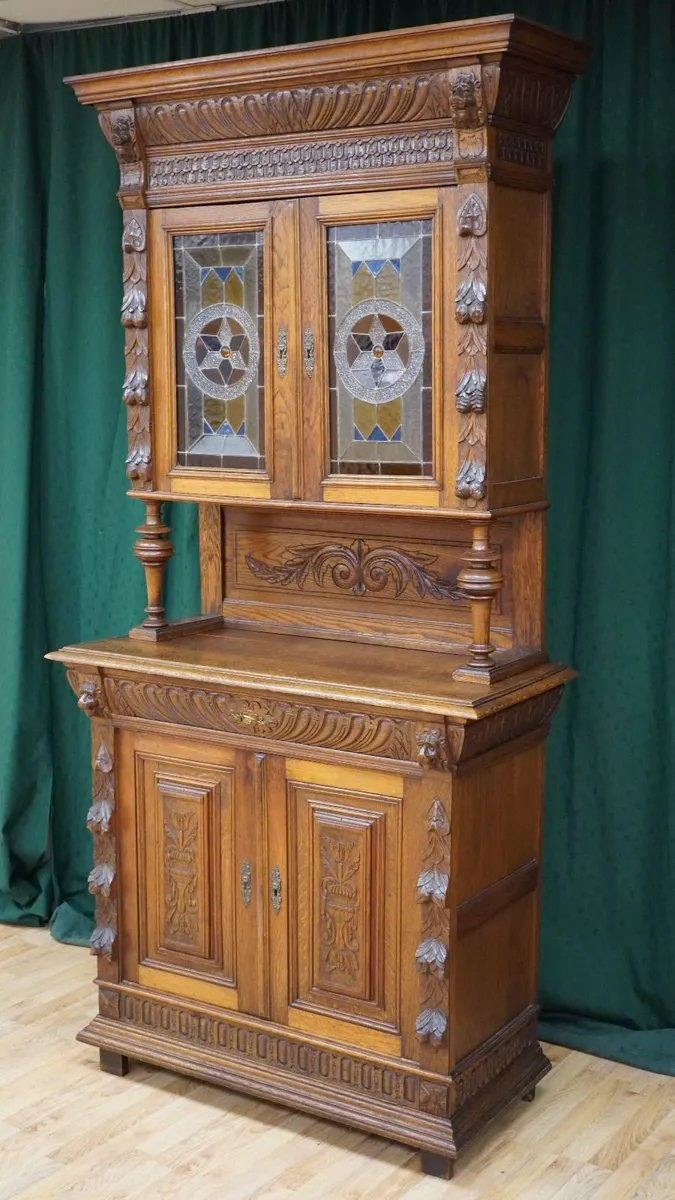 Antique Carved Oak Buffet Cabinet with Leaded Glas - Image 2