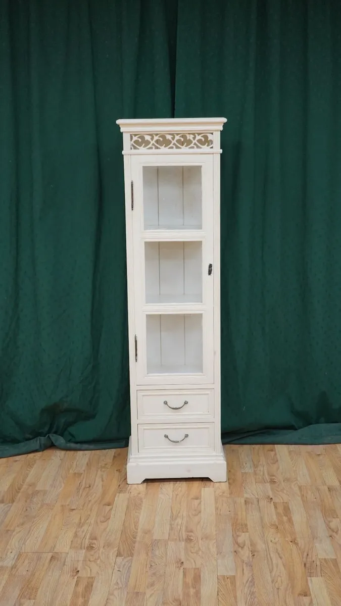 Slim Cream Glazed Display Cabinet with Drawers - Image 1
