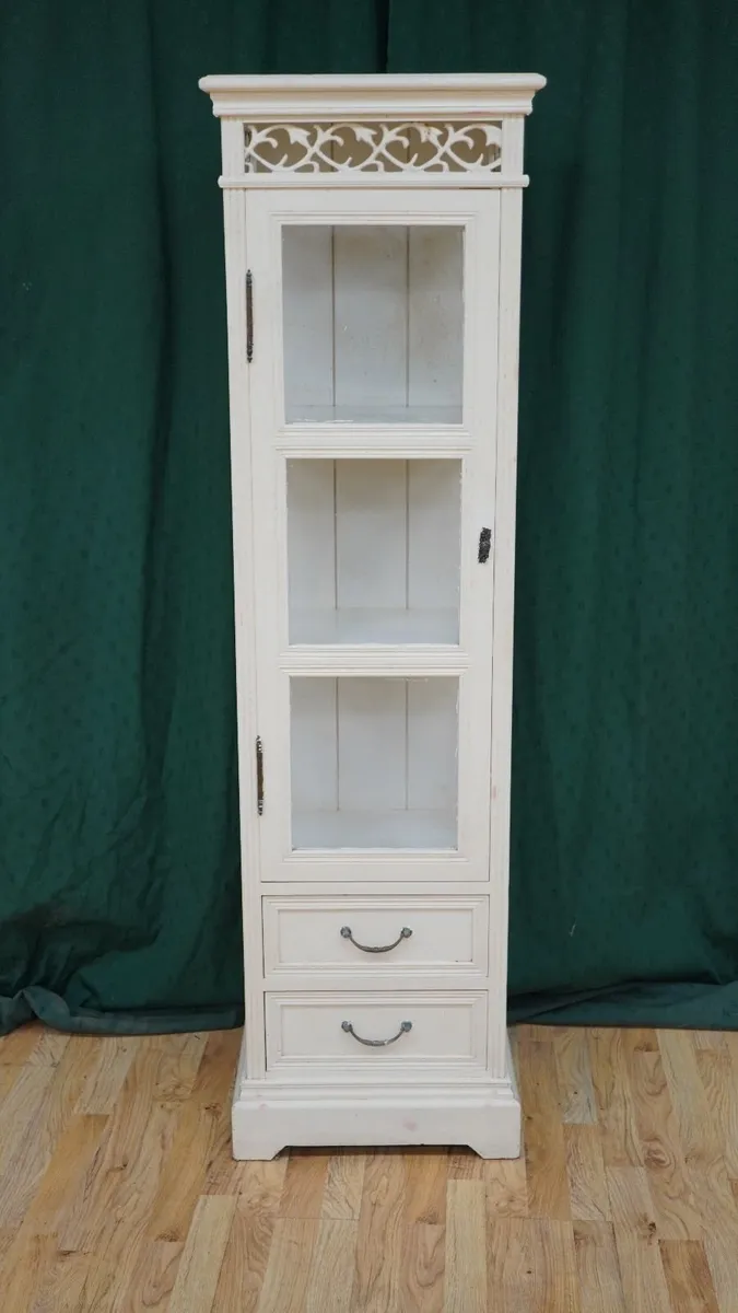 Slim Cream Glazed Display Cabinet with Drawers - Image 2