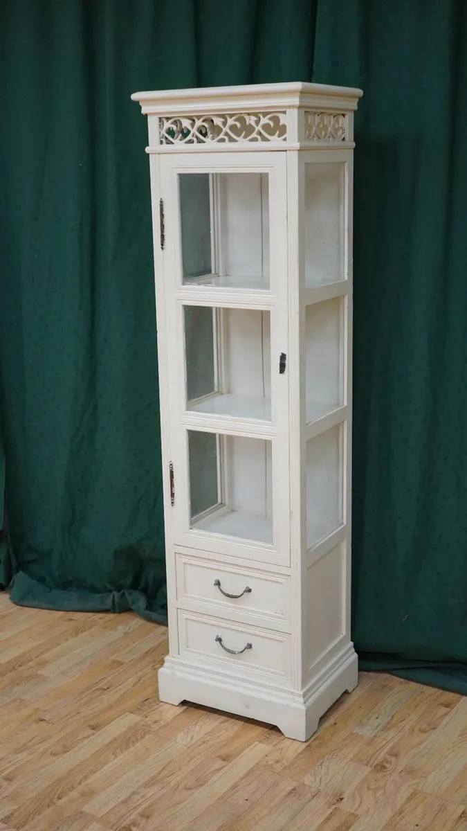 Slim Cream Glazed Display Cabinet with Drawers - Image 4