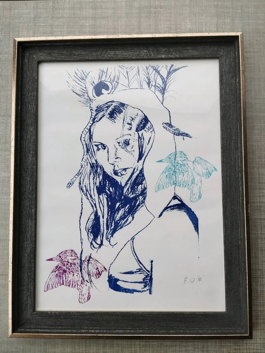 Original Screen Print - Girl & 2 birds - Image 1