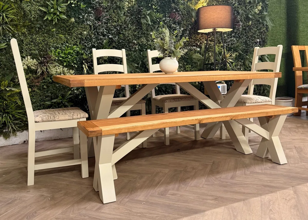 Oak kitchen table, 4 chairs & bench - Image 2