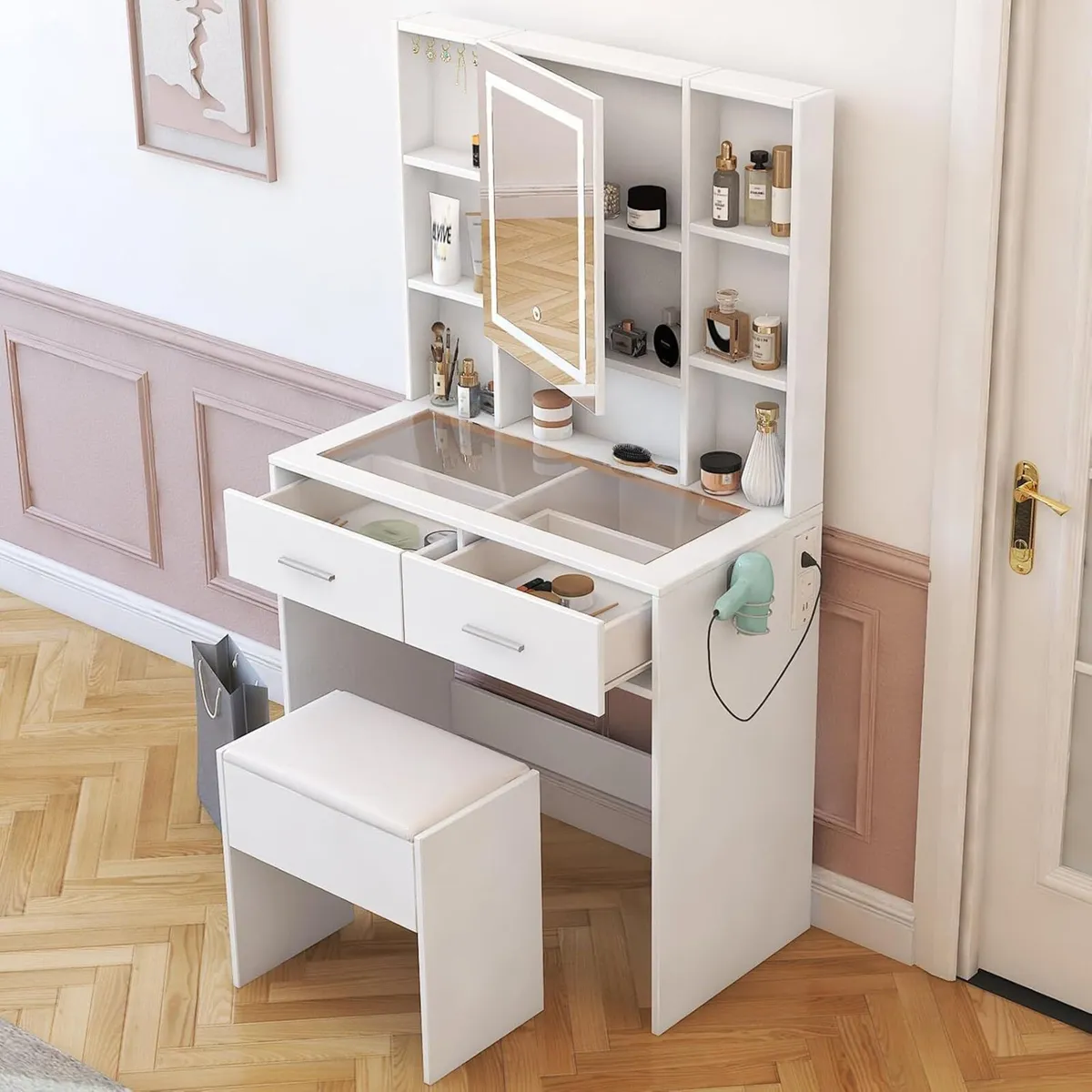 White Dressing Table with LED Mirror and Stool - Image 1