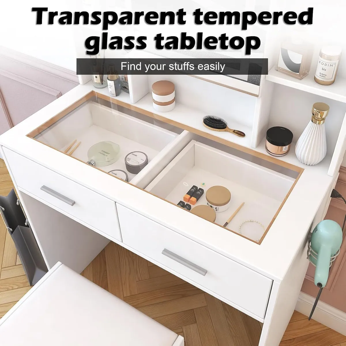 White Dressing Table with LED Mirror and Stool - Image 3