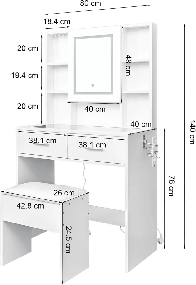 White Dressing Table with LED Mirror and Stool - Image 2