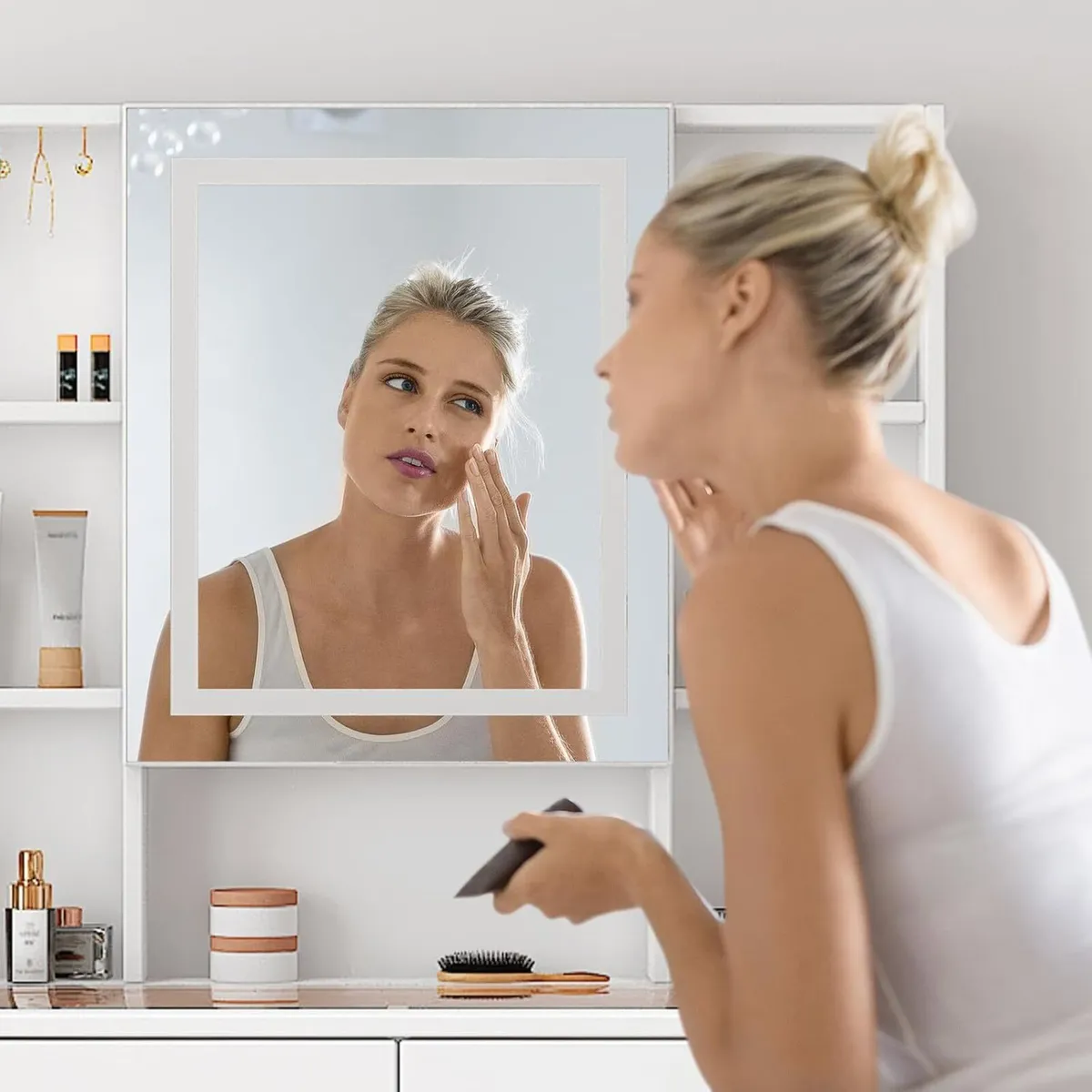 White Dressing Table with LED Mirror and Stool - Image 4