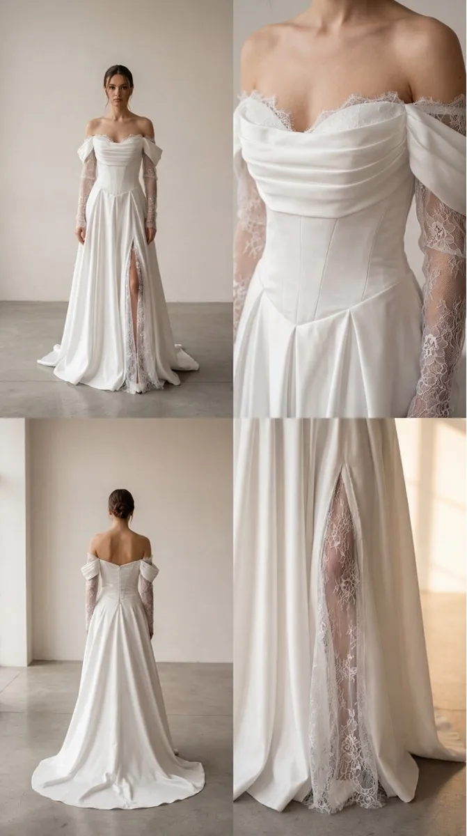 Satin & Lace Off the Shoulder Wedding Gown - Image 2