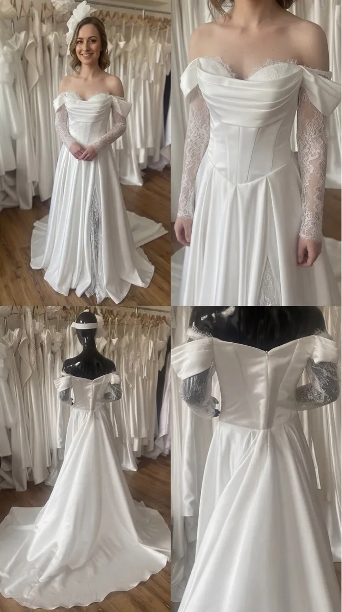 Satin & Lace Off the Shoulder Wedding Gown - Image 3