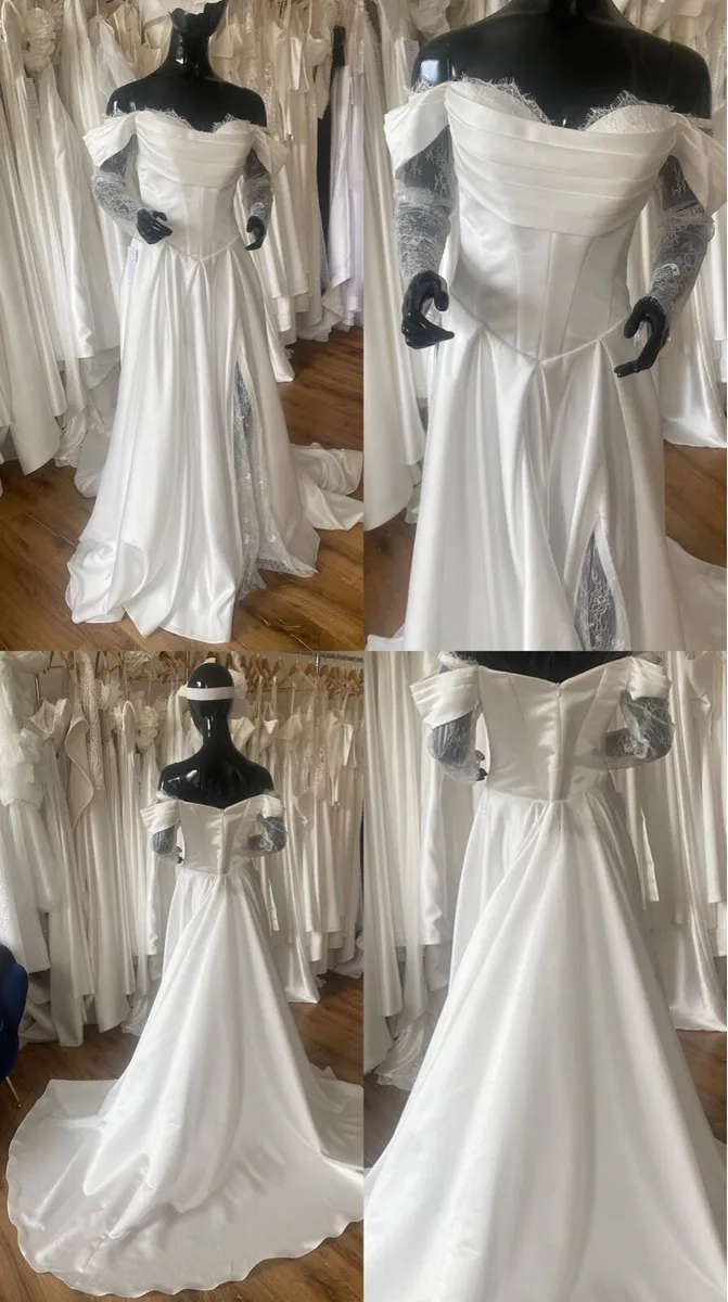 Satin & Lace Off the Shoulder Wedding Gown - Image 4