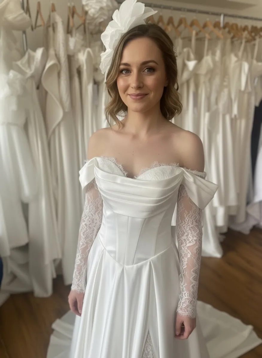 Satin & Lace Off the Shoulder Wedding Gown - Image 1