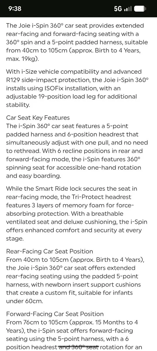 360 Joie recliner car seat - Image 3